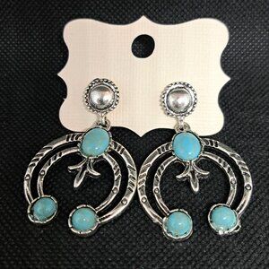 Silver Tone Western Boho Earrings with Faux Turquoise